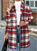 Modlily Red Tummy Coverage Plaid Long Sleeve Lapel Coat - L