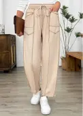 Modlily Light Camel Pocket Straight Leg Elastic Waist Pants - L