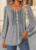 Modlily Black Frill Plaid Long Sleeve Round Neck Blouse - XL