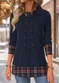 Modlily Navy Tummy Coverage Plaid Long Sleeve Cowl Neck Sweatshirt - S