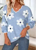 Modlily Dusty Blue Scalloped Hem Floral Print Long Sleeve Sweatshirt - M