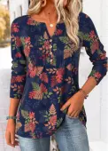 Modlily Navy Tummy Coverage Leaf Print T Shirt - L