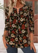 Modlily Black Tummy Coverage Floral Print Long Sleeve Blouse - L