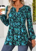 Modlily Mint Green Peplum Floral Print Long Sleeve Split Neck Blouse - XXL
