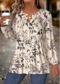 Modlily Beige Peplum Leaf Print Long Sleeve Split Neck Blouse - L