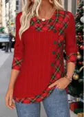Modlily Deep Red Patchwork Plaid Long Sleeve T Shirt - S