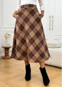 Modlily Dark Camel Pocket Plaid A Line Elastic Waist Skirt - S