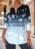 Modlily Blue Tuck Stitch Snowflake Print Long Sleeve Blouse - XXL