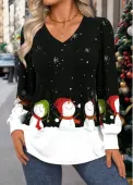 Modlily Black Tuck Stitch Snowman Print Long Sleeve T Shirt - L