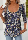 Modlily Navy Tummy Coverage Floral Print Long Sleeve T Shirt - L