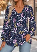 Modlily Navy Tummy Coverage Floral Print Long Sleeve Blouse - M