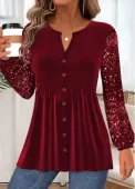Modlily Wine Red Peplum Long Sleeve Split Neck Blouse - M