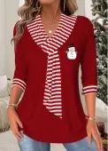 Modlily Christmas Wine Red Tummy Coverage Striped T Shirt - S