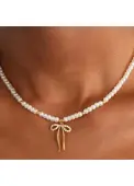 Modlily Golden Bow Design Pearl Beaded Necklace - One Size