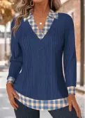 Modlily Navy Tummy Coverage Plaid Long Sleeve T Shirt - M