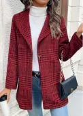 Modlily Wine Red Button Plaid Long Sleeve Lapel Coat - M