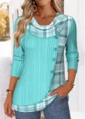Modlily Cyan Patchwork Plaid Long Sleeve Draped Neck T Shirt - XL