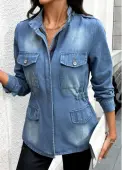 Modlily Denim Blue Patch Pocket Long Sleeve Stand Collar Coat - L