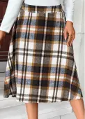 Modlily Dark Camel Plaid A Line Elastic Waist Skirt - L