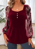 Modlily Wine Red Tummy Coverage Long Sleeve Heart Collar Blouse - XXL