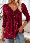 Modlily Wine Red Tummy Coverage Geometric Print T Shirt - M