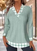 Modlily Light Green Tummy Coverage Plaid Long Sleeve T Shirt - XXL