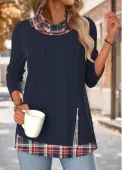 Modlily Navy Tummy Coverage Plaid Long Sleeve Cowl Neck Sweatshirt - M