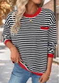 Modlily Black Patch Pocket Striped Long Sleeve Round Neck Sweater - L