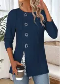 Modlily Navy Tummy Coverage Long Sleeve Round Neck Blouse - XL