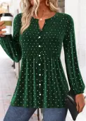 Modlily Green Peplum Polka Dot Long Sleeve Split Neck Blouse - L