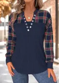 Modlily Navy Tummy Coverage Plaid Long Sleeve Split Neck Sweatshirt - M