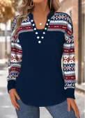 Modlily Navy Tummy Coverage Tribal Print Long Sleeve Sweatshirt - S