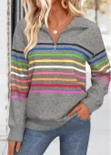 Modlily Dark Grey Tummy Coverage Multi Stripe Print Sweatshirt - XXL