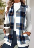 Modlily Navy Tummy Coverage Plaid Sleeveless Turn Down Collar Waistcoat - L