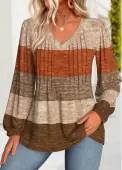 Modlily Dark Coffee Tummy Coverage Striped Long Sleeve Blouse - XL