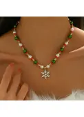 Modlily Christmas Golden Beaded Snowflake Alloy Necklace - One Size