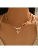 Modlily Golden Starfish Pearl Beaded Design Necklace - One Size