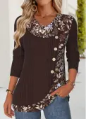Modlily Dark Coffee Patchwork Floral Print Long Sleeve T Shirt - L