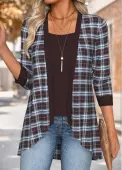 Modlily Dark Coffee Tummy Coverage Plaid Long Sleeve Blouse - M