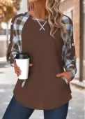 Modlily Dark Coffee Tummy Coverage Plaid Long Sleeve Sweatshirt - XXL