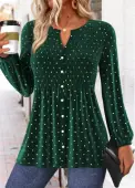 Modlily Green Peplum Polka Dot Long Sleeve Split Neck Blouse - XXL