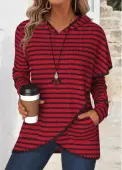 Modlily Wine Red Tummy Coverage Striped Long Sleeve Hoodie - M