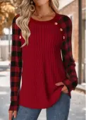 Modlily Wine Red Tummy Coverage Plaid Long Sleeve T Shirt - XXL