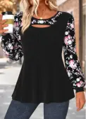 Modlily Black Tummy Coverage Floral Print Long Sleeve T Shirt - L