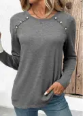 Modlily Grey Button Long Sleeve Round Neck T Shirt - XXL