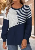 Modlily Navy Tummy Coverage Striped Long Sleeve Round Neck Sweatshirt - XL