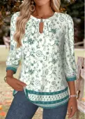 Modlily Turquoise Tummy Coverage Floral Print 3/4 Sleeve T Shirt - XL