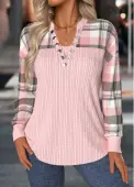Modlily Light Pink Tummy Coverage Plaid Long Sleeve Sweatshirt - L