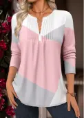 Modlily Light Pink Tuck Stitch Geometric Print Long Sleeve Blouse - M