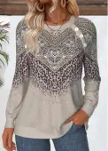 Modlily Gray Brown Tummy Coverage Tribal Print Long Sleeve Sweatshirt - L